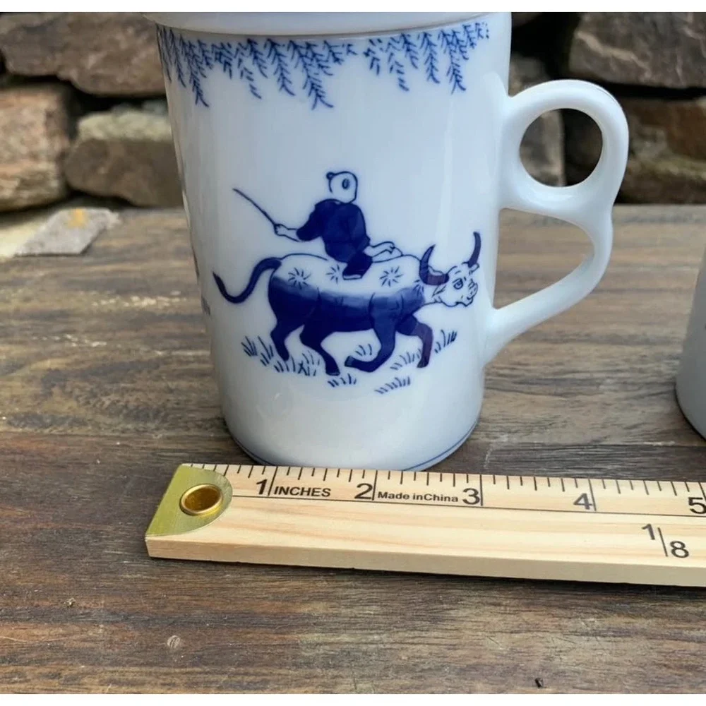 Chinese Porcelain Tea Mugs with Infuser Strainer Lids Panda Water Buffalo Set 2